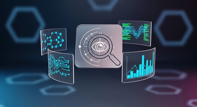 Magnifying glass over an eye surrounded by digital screens displaying data