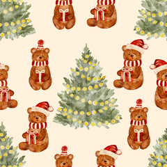 Naklejka premium Seamless Christmas pattern with bears holding gifts and decorated tree. Vector illustration