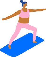 Flat vector illustration of woman practicing yoga on mat. Isometric female character in fitness lifestyle, exercise, meditation, health and wellness concept.