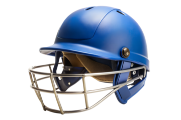 Blue cricket helmet with metal face guard, isolated on transparent background