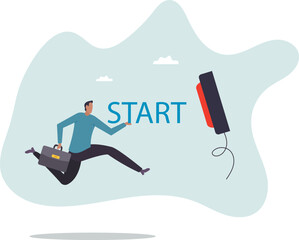 Push start button to start new business, entrepreneur to begin new company, startup to launch project, opportunity,about a man and his life.