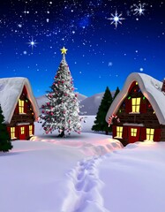 Fototapeta premium Snowy Christmas Village Night Scene (1)