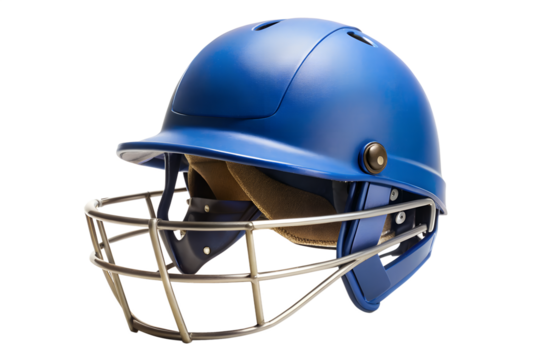 Blue cricket helmet with metal face guard, isolated on transparent background - Powered by Adobe