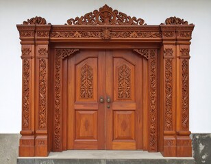 Fototapeta premium Traditional Javanese Wooden Door with Intricate Carvings
