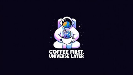 Cartoon astronaut floating in space holding coffee cup with phrase Coffee First Universe Later on black cosmic background. Generative AI.