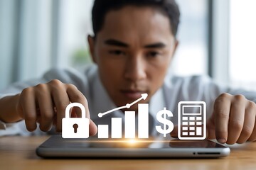 Unlock financial growth with a secure investment strategy, visualizing upward trends in revenue and profit, aided by a calculator for precise financial planning and secure asset management