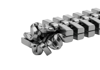 extreme macro of jammed, severely deformed metal zipper teeth showing intricate bends and stress marks, isolated on a clean transparent background, concept of mechanical failure and technical