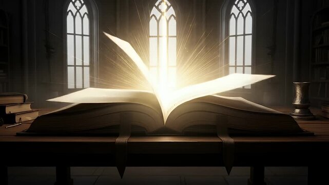 An opened book emits bright light in a library setting