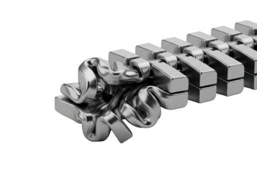 extreme macro of jammed, severely deformed metal zipper teeth showing intricate bends and stress marks, isolated on a clean transparent background, concept of mechanical failure and technical
