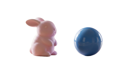 Pastel Pink Bunny and Blue Sphere on Table 