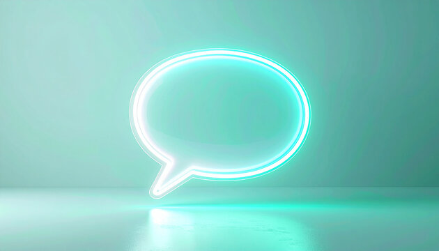 Bright neon blank message bubble glowing softly in white and cyan, floating on pastel green