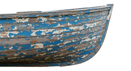 Old weathered wooden boat hull with peeling blue and faded white paint revealing aged wood grain, precise side view against transparent background, Concept of material decay