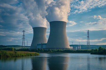 Nuclear power station against a backdrop of clear blue skies