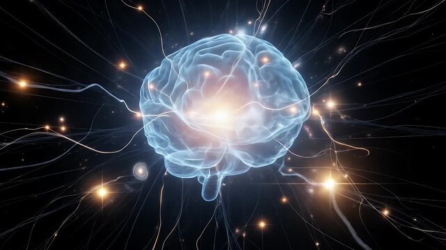 Bioluminescent brain with neural pathways and glowing nodes