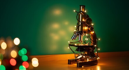 Microscope with Festive Lights on Wooden Surface with Green Backdrop