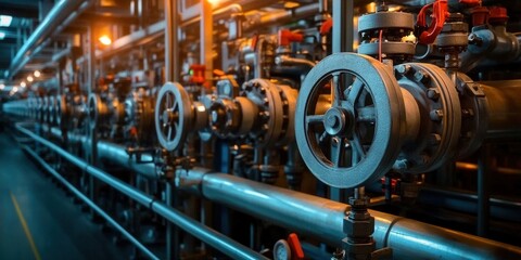 Fototapeta premium Complex network of pipes and valves within an industrial setting, emphasizing function.