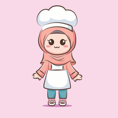 Cute  Asian Muslim Girl Chef Cartoon Character