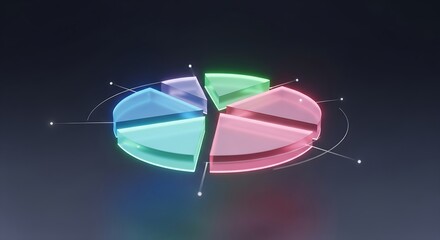 Abstract 3d pie chart with glowing neon segments and connecting lines