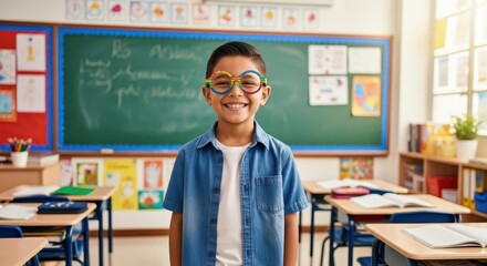 smiling boy in colorful glasses standing in bright classroom with chalkboard and desks. concept of education and childhood. back to school. magazine, brochure, website.