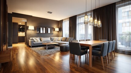 Fototapeta premium Modern open-plan apartment interior at night