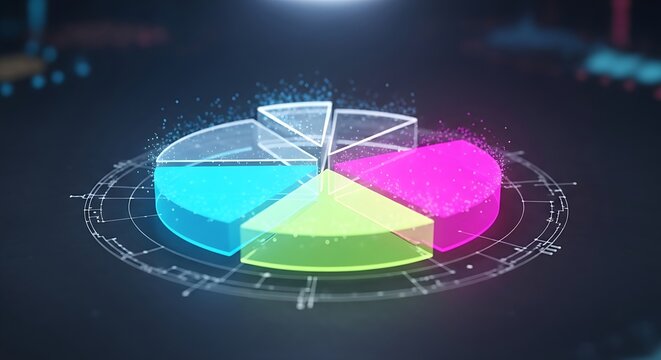 Glowing 3d pie chart with transparent segments and digital interface elements