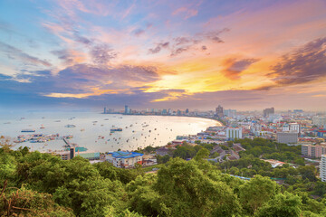 The building and skyscrapers in twilight time in Pattaya,Thailand. Pattaya city is famous about sea sport and night life entertainment.