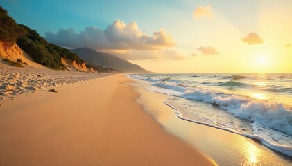 Golden hour sunlight bathes a pristine sand shoreline, gentle waves lapping at the shore, creating a serene coastal landscape Perfect for travel, nature, and summer themes , sunrise, sky, serene