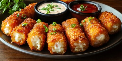 Fototapeta premium Delicious fried cheese sticks served with various dipping sauces on a plate, ready to be enjoyed.