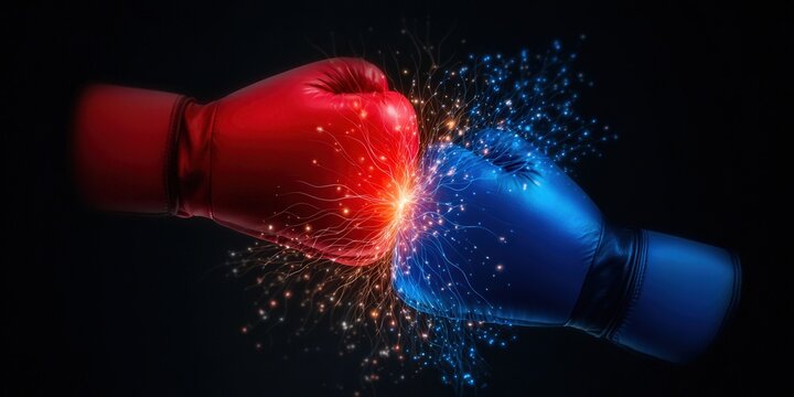 A dynamic image of red and blue boxing gloves colliding in a powerful fight scene.