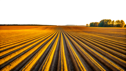 Golden plowed field with rows of soil under a bright sky, showcasing agricultural patterns and the beauty of farmland at sunrise isolated on transparent background