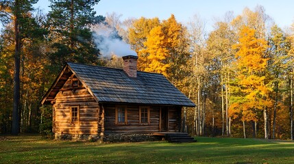 A wooden countryside cabin with smoke curling from the chimney, creating a warm and peaceful retreat.