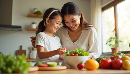 Mother and Daughter Joyfully Prepare Healthy Salad in Kitchen.