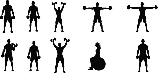 Silhouette dumbbell exercises, fitness poses, workout positions, strength training, gym activities, black vector icons, body posture, minimal design, health illustration, stock art