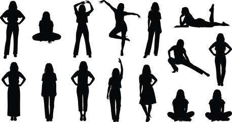 Silhouette human poses, standing, sitting, dancing, stretching, lounging, black vector icons, body language, posture, gesture, minimal design, lifestyle illustration, stock art