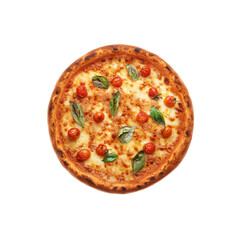 Fresh baked pizza with melted cheese, cherry tomato, and basil leaves on crispy golden crust, appetizing and colorful