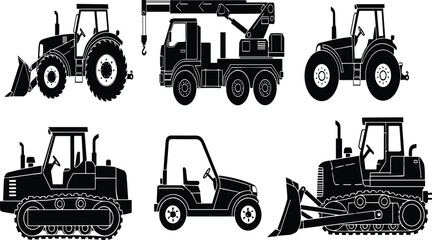 Silhouette construction vehicles, heavy machinery, tractor, bulldozer, crane truck, loader, utility cart, black vector icons ©  Creative Crafter