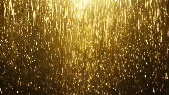 A visually stunning video of a continuous cascade of shimmering golden glitter and light, creating a rain-like or curtain-like effect