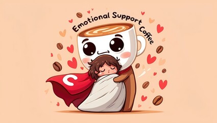 Cute panda hugging child under &ldquo;emotional support&rdquo; text in warm cartoon style. Generative AI.