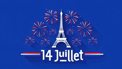 14 Juillet celebration with Eiffel Tower and fireworks on bright blue background. Generative AI.