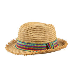 Small, worn child's straw hat with frayed brim, multi-colored fabric band, on clean transparent studio background. Concept of nostalgic childhood accessory