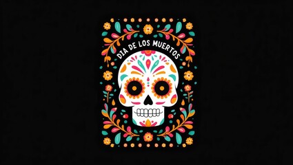A vibrant sugar skull with colorful floral decorations inspired by D&iacute;a de los Muertos, set against a black background for striking contrast. Generative AI.