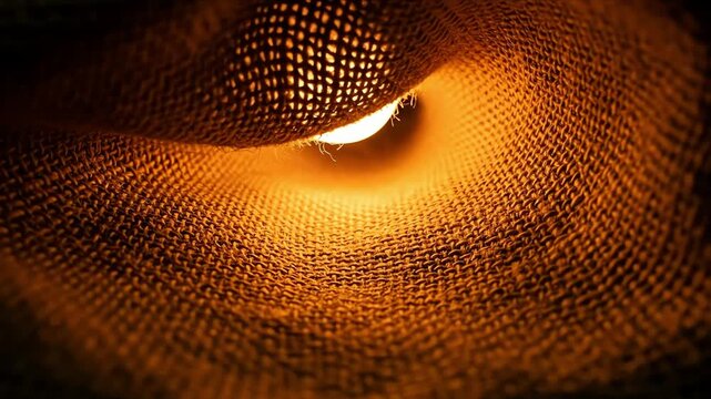 Close-up view of a warm light illuminating the textured interior of a burlap fabric tunnel