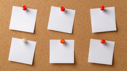 white blank post-it notes on a brown pin board. mockup template for design, ideal for reminders, office, planning, or communication concepts.