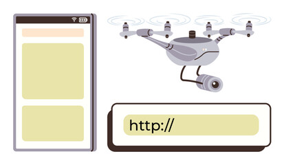 Drone with camera flying near smartphone interface and web URL search bar. Ideal for surveillance, connectivity, technology, data sharing, innovation, online applications, automation. Simple flat