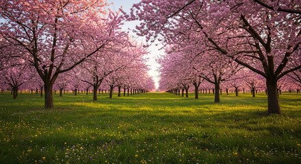 Obraz premium Blooming Cherry Orchard: A Springtime Symphony of Pink and Green