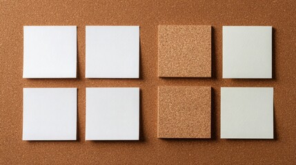 Fototapeta premium Empty white sticky notes arranged in two rows of three on a cork bulletin board, ideal for planning, reminders, or presentations.
