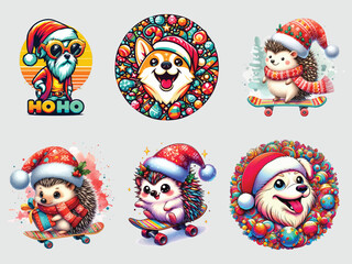 Obraz premium Art of cartoon christmas animals with santa hats
