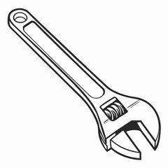Black and white illustration of an adjustable wrench isolated on a white background