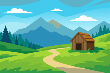 Rustic cabin nestled in a green valley with mountains and a winding path