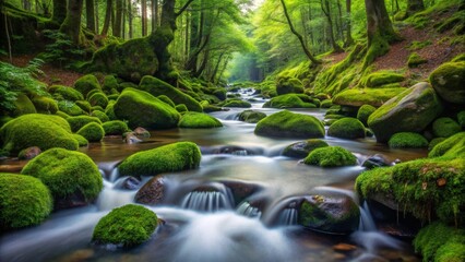 Serene Forest Stream Flowing Over Mossy Rocks in a Lush Green Canopy